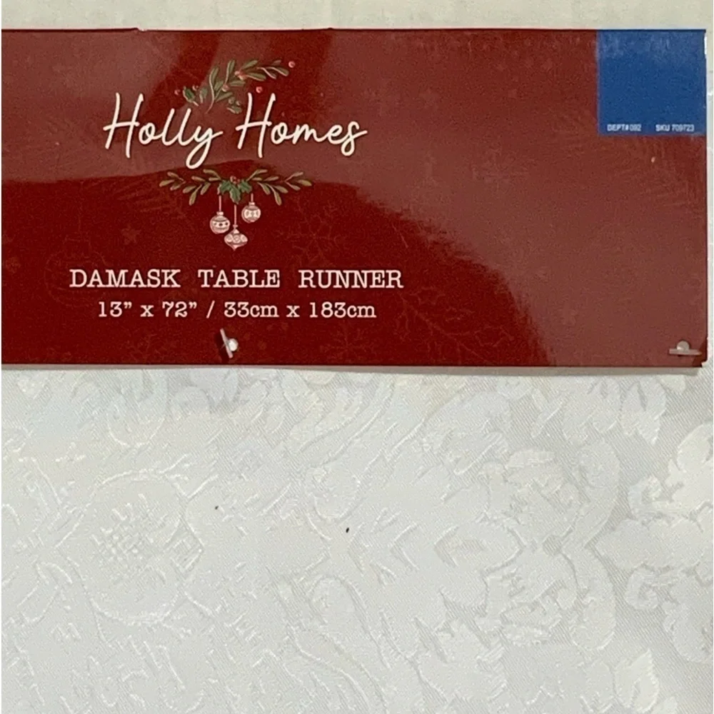Holly Homes Table Runner Silky Damask Holiday Dressy White 13 in x 72 in